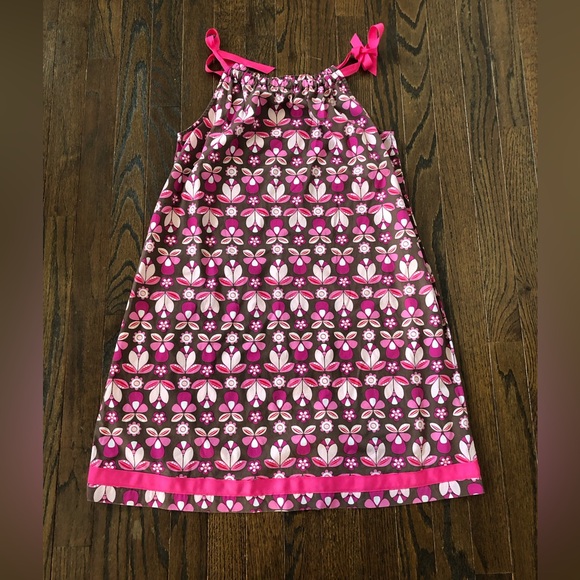 Hanna Andersson Other - Hanna Andersson Girls 12 (150cm) Brown w/Pink Flowers Ruched Halter Shift Dress